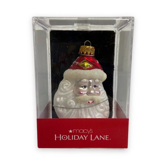 NIP Macys Holiday Lane Santa Head Christmas Ornament 3” Molded Glass Handmade - Picture 1 of 8